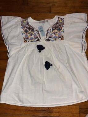 LOFT White Embroidered Boho Peasant Top with Navy Tassels